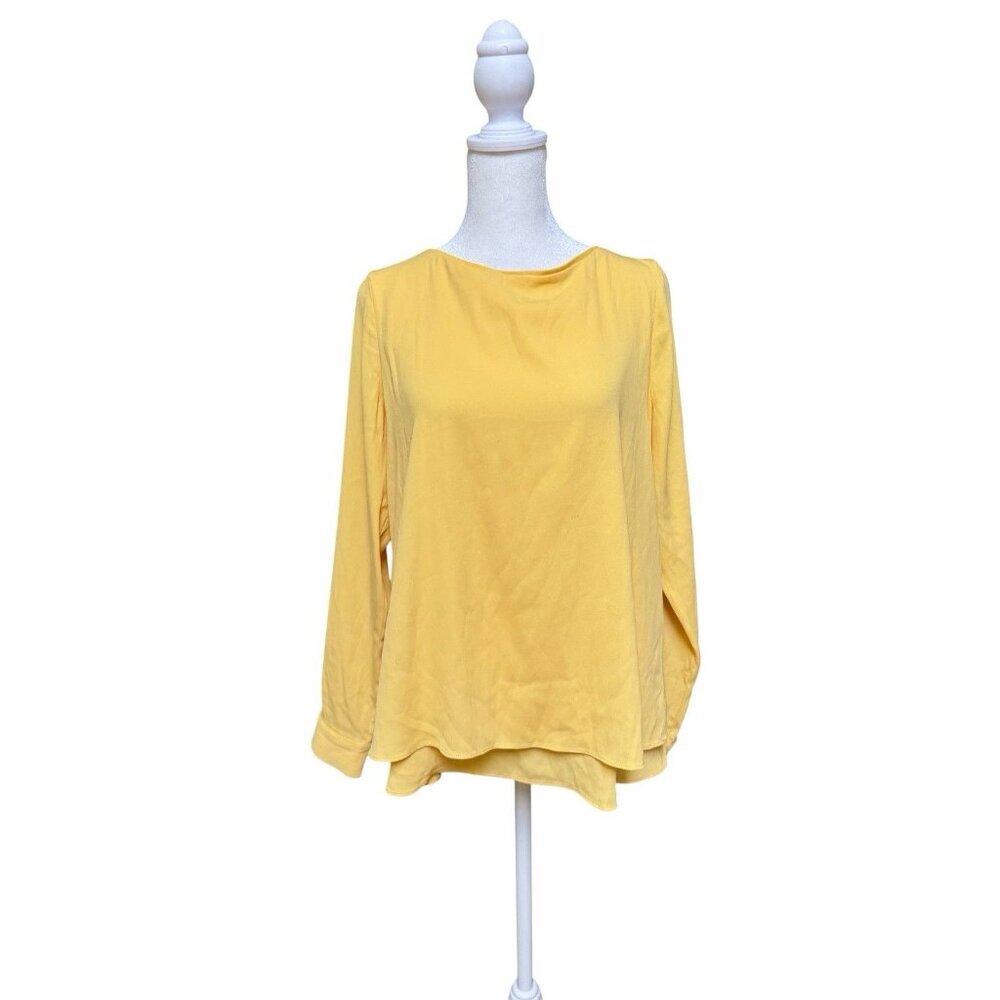 WHBM Yellow Blouse Size S Draped Back Overlap Long Sleeve Career Top